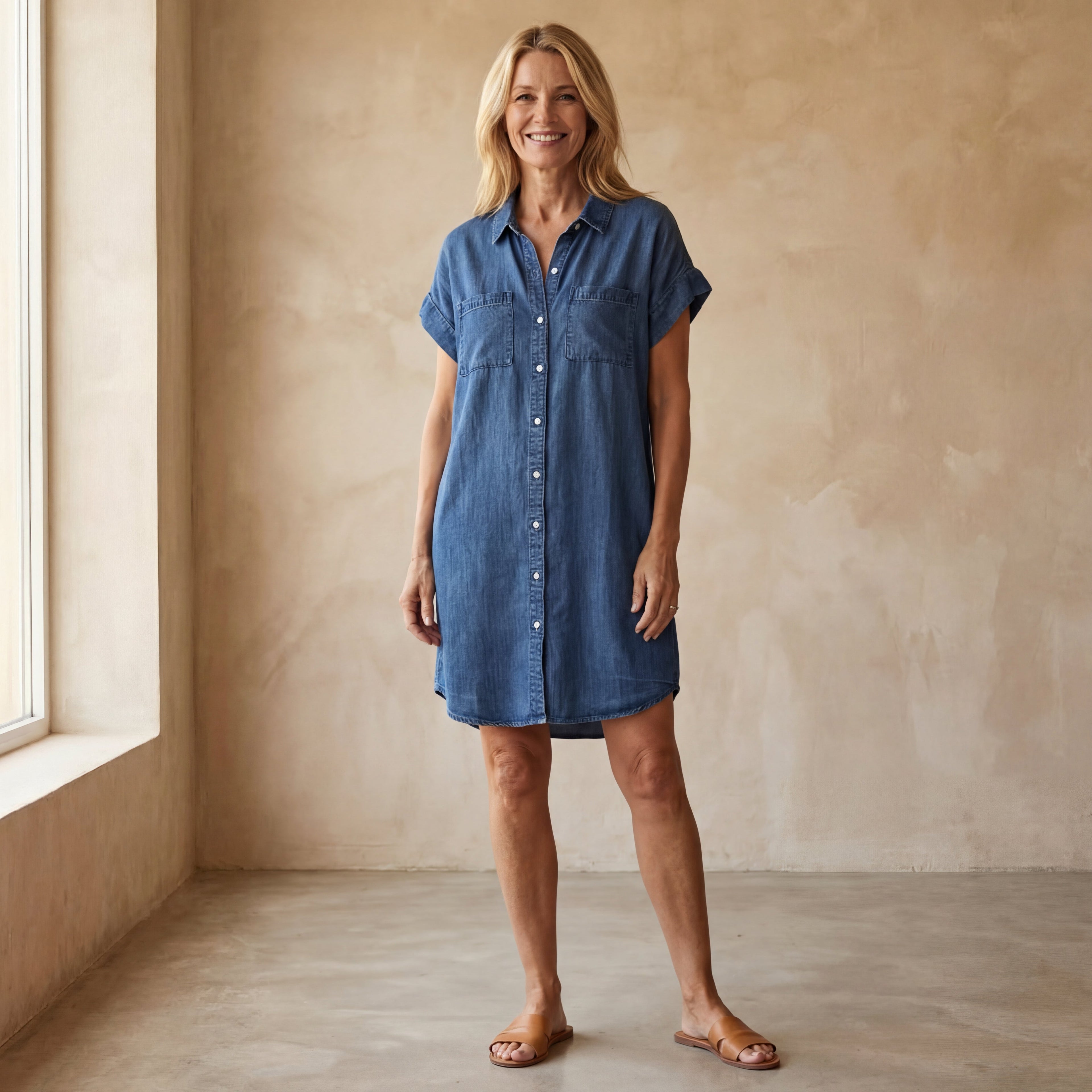 Effortless Versatile Short-Sleeve Denim Shirt-Dress