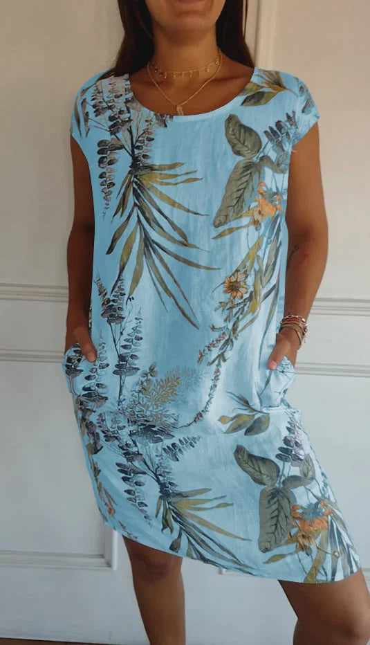 Breathable Tropical Print Side-Pocket Shift Dress