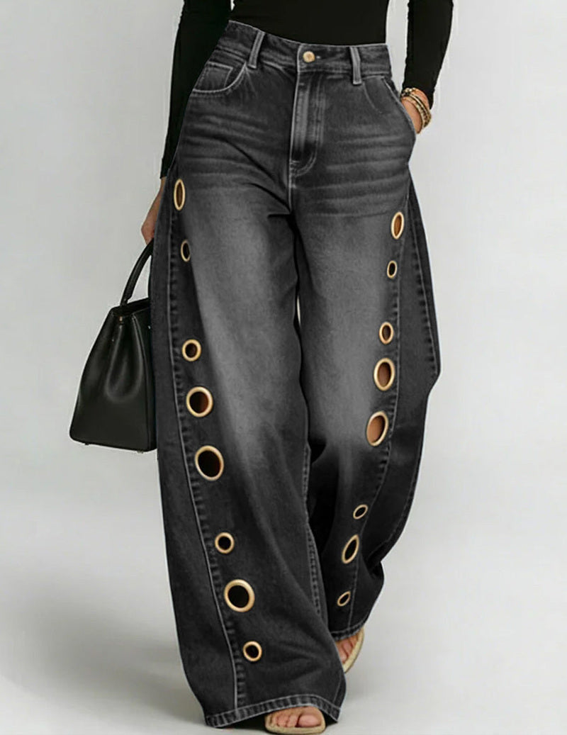Wide-Leg Denim Pants Featuring Gold Grommet Side Cutouts