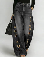 Wide-Leg Denim Pants Featuring Gold Grommet Side Cutouts