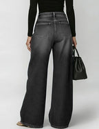 Wide-Leg Denim Pants Featuring Gold Grommet Side Cutouts