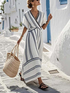 Striped Wrap-Front Resort Maxi Dress