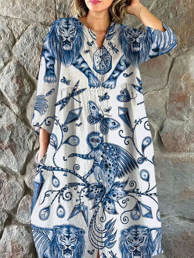 Elegant Floral Loose Button Dress