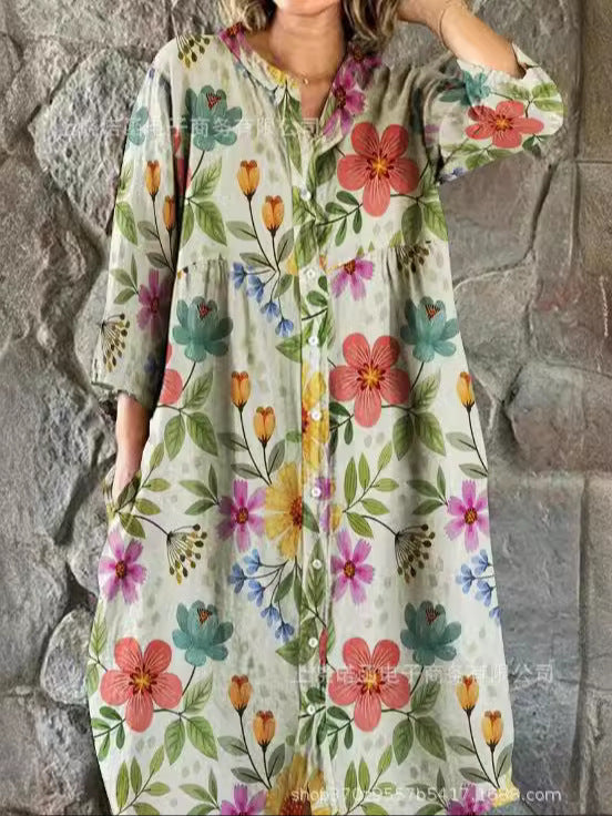 Elegant Floral Loose Button Dress