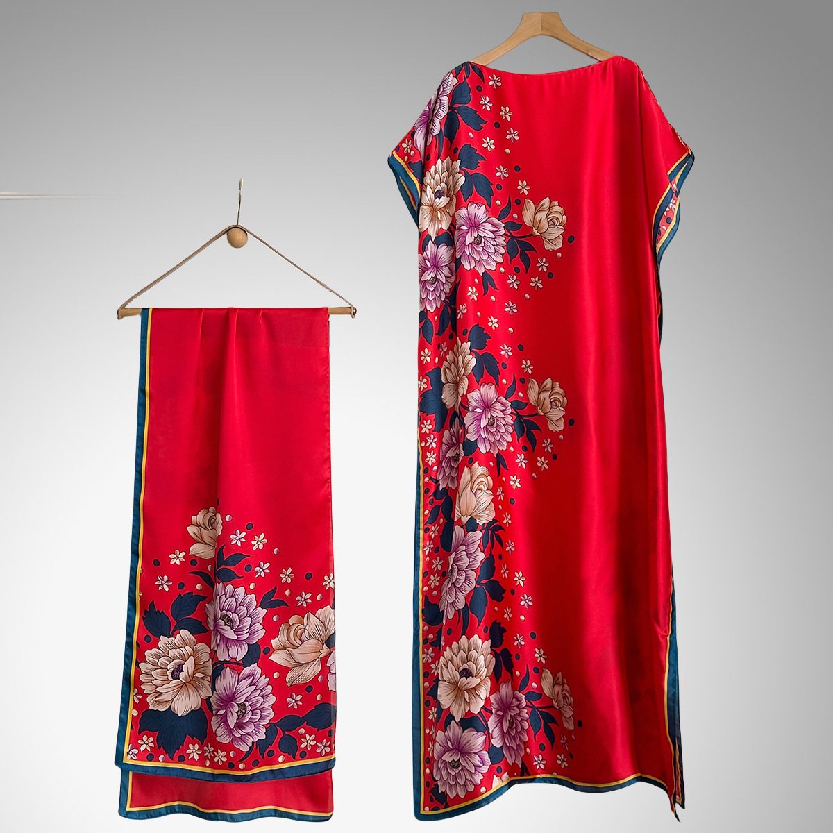 Elegant Floral Print Silk Kaftan Dress