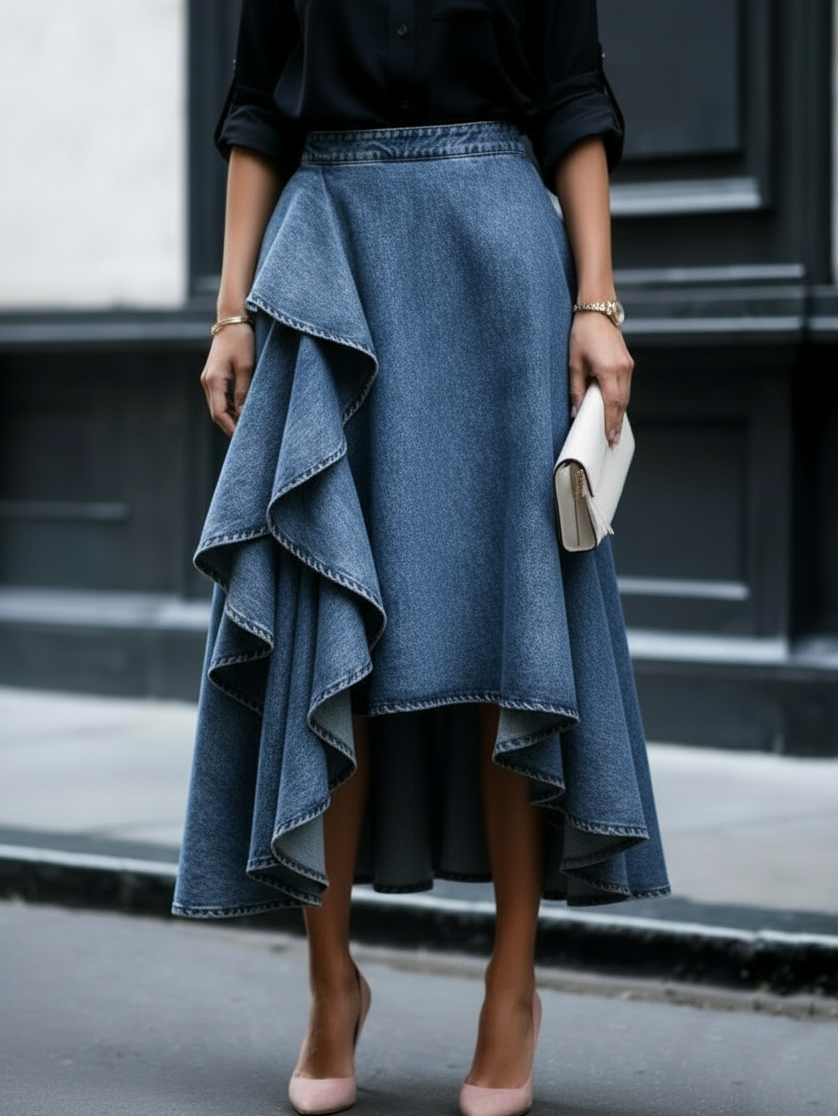 Chic Casual Tiered Ruffled Denim Skirt