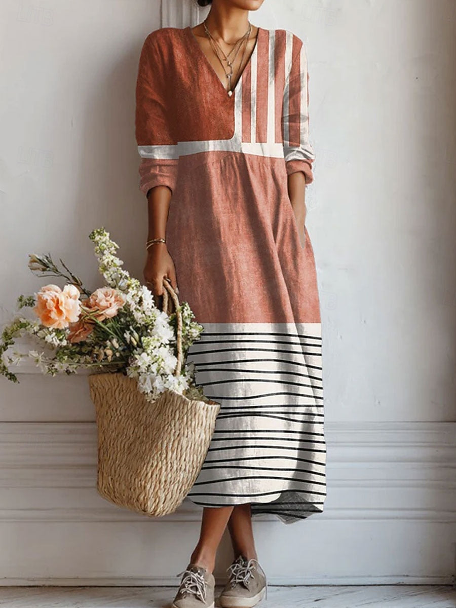 Artistic Geometric Print V-Neck Pocket Maxi Dress